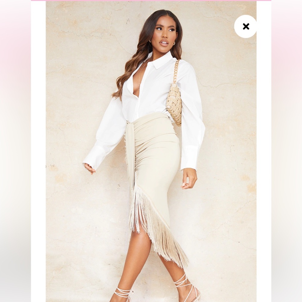 Cream Tassel Hem Midi Skirt